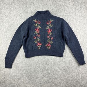 Meadows Filbert Knit Wool Sweater Womens 2 Blue Floral Embroidered Chunky Crop